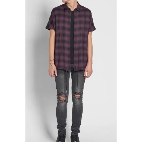 HELMUT LANG Brushed Rayon Plaid Uni Sleeve Shirt Grunge Button Front *Medium - Picture 1 of 6